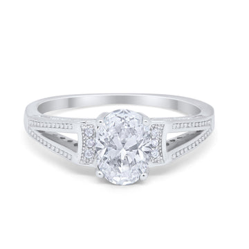 Solitaire Accent Split Shank Wedding Ring Oval Simulated CZ 925 Sterling Silver